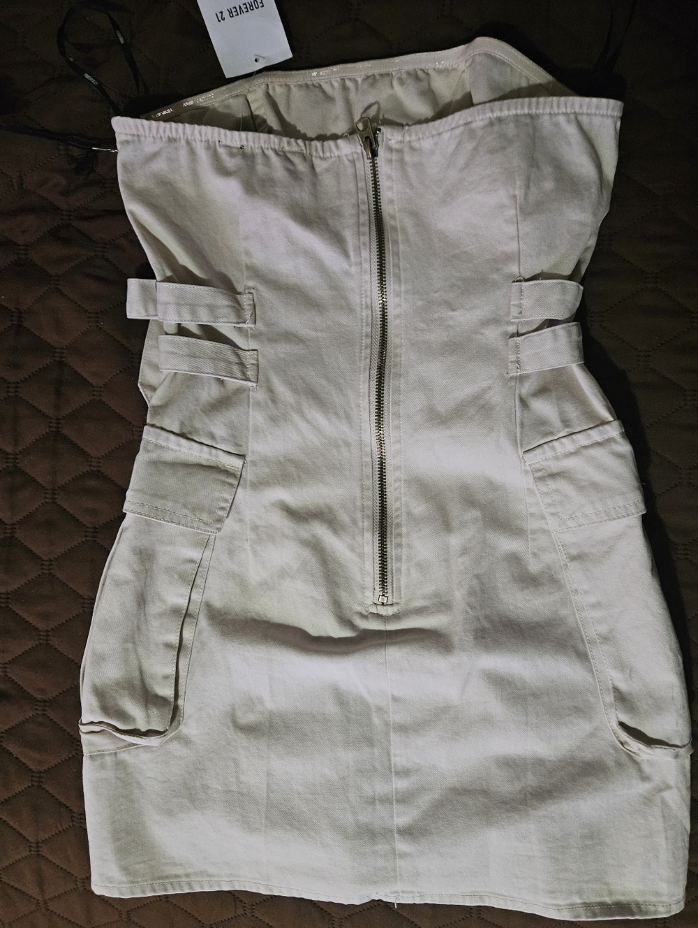 💥Sale💥NWT Forever 21 Strapless Cargo Mini Dress in Beige - Picture 3 of 5